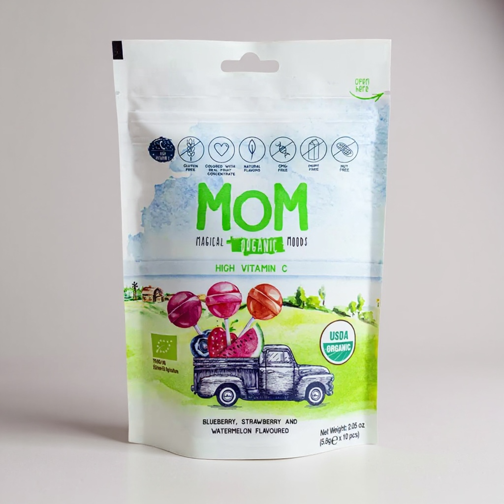 Mom Organik Lolipop (Çilek, Karpuz, Yaban mersini ve C Vitamini) 10 adet
