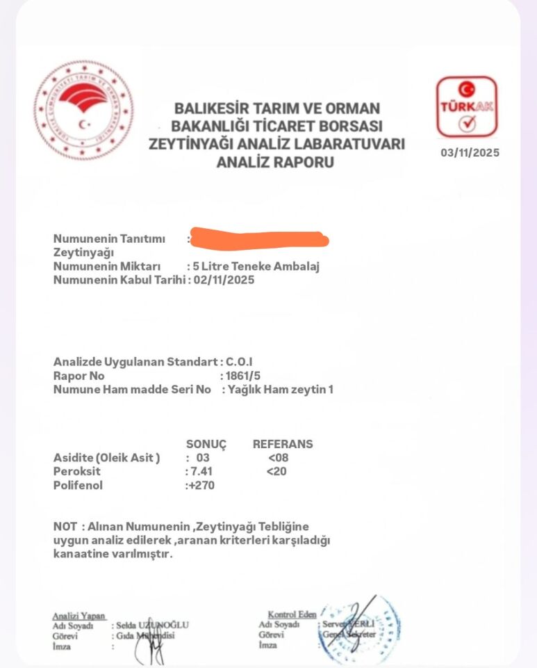 Analiz Raporlu Ayvalık Zeytinyağ 0.3 Asit 5lt