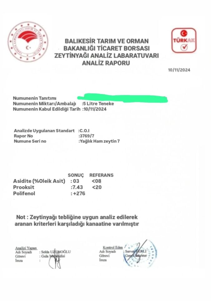 Analiz Raporlu Ayvalık Zeytinyağ 0.3 Asit 5lt( yeni sezon)