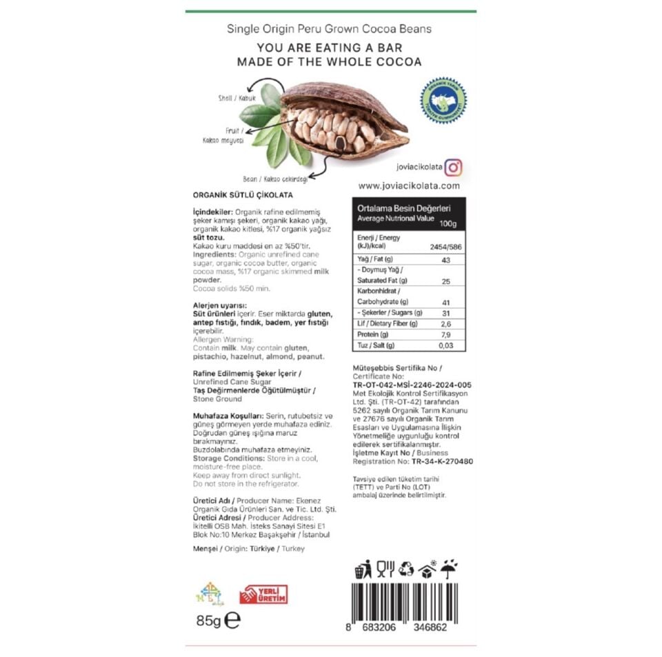 Organik Ekstra Sütlü Çikolata 85 GR