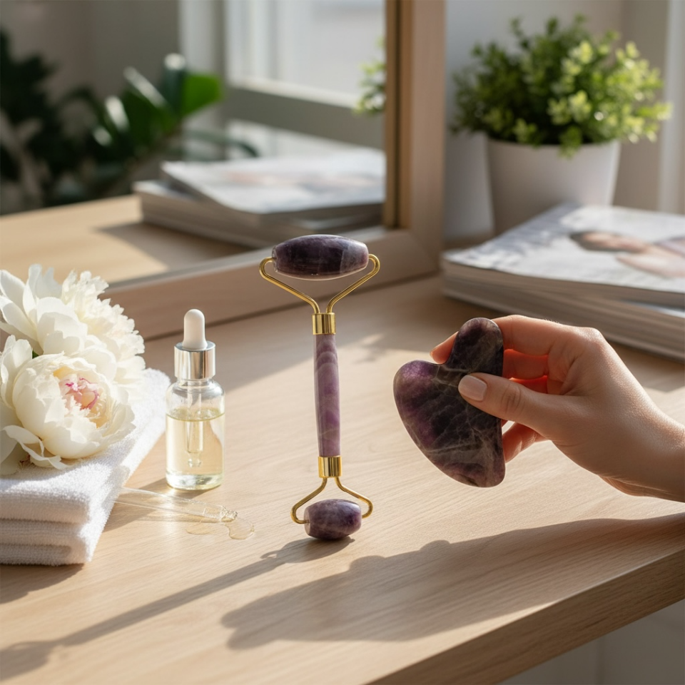 Ametist Doğal Taş Gua Sha & Roller Masaj Seti