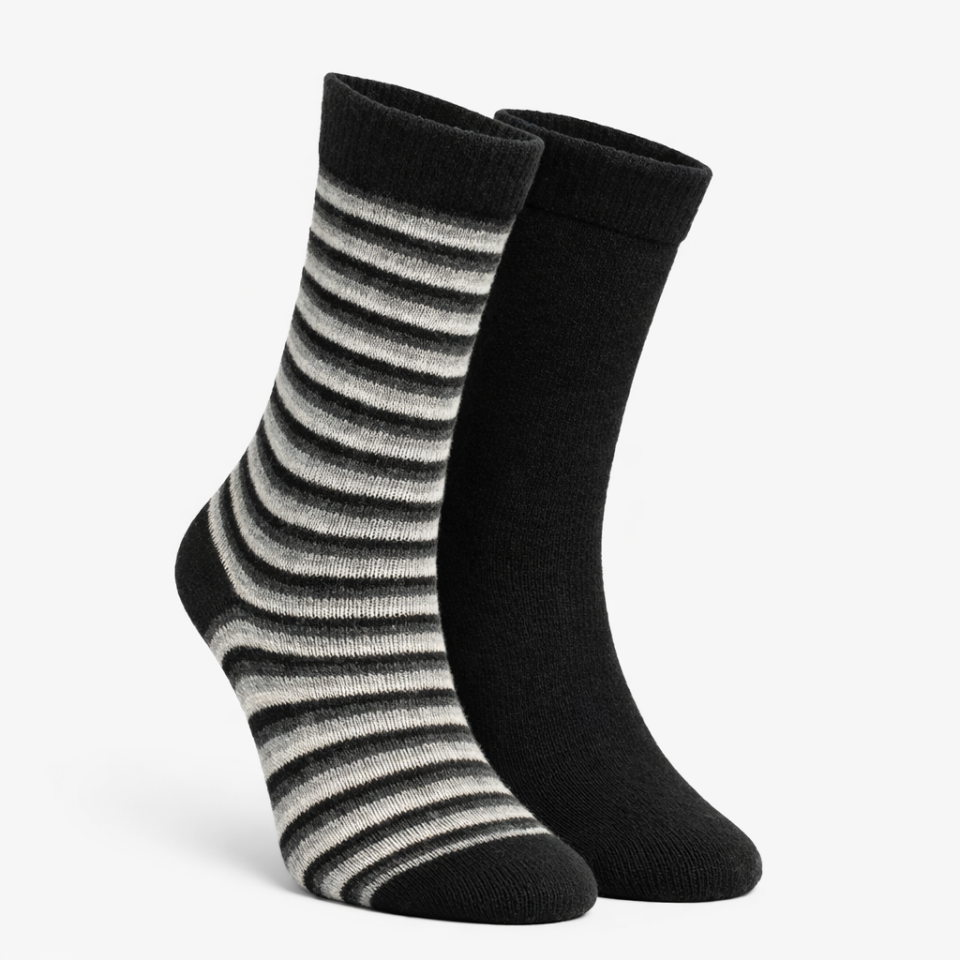 2'li Unisex Siyah - Çizgili Kışlık Kalın Organik Yün Soket Çorap 36/40
