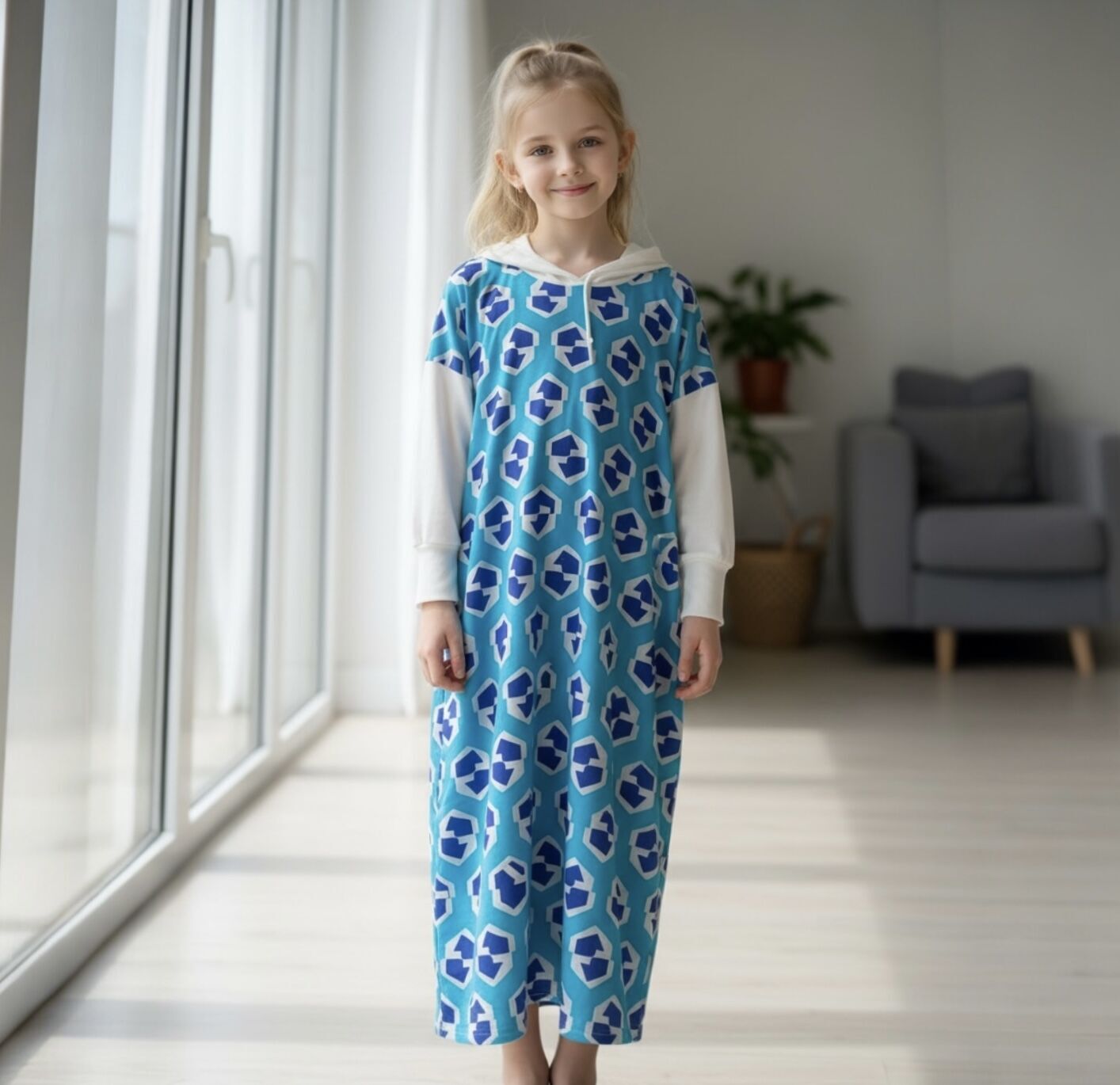 Kız Çocuk Elbise  Mavi Desenli 108 cm