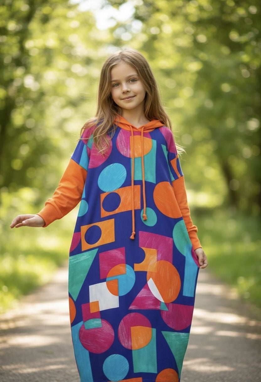 Turuncu-geometrik desen çocuk elbise 90cm