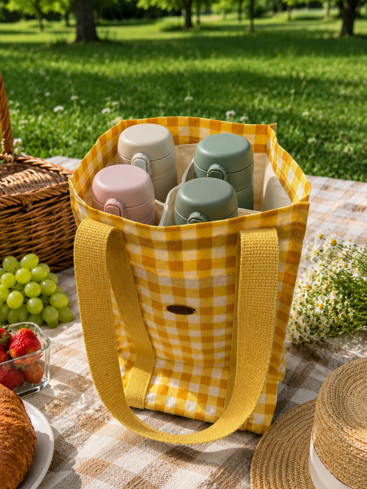 Sarı Ekose Piknik Termos Çantası – 4 Bölmeli El Yapımı Organizer Tote
