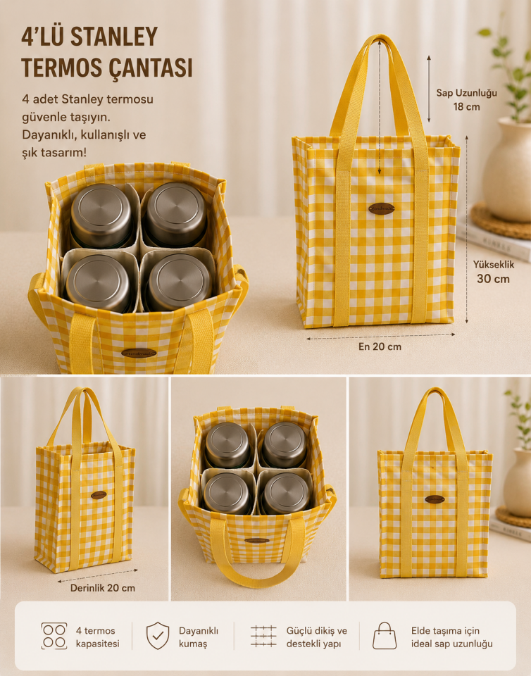 Sarı Ekose Piknik Termos Çantası – 4 Bölmeli El Yapımı Organizer Tote