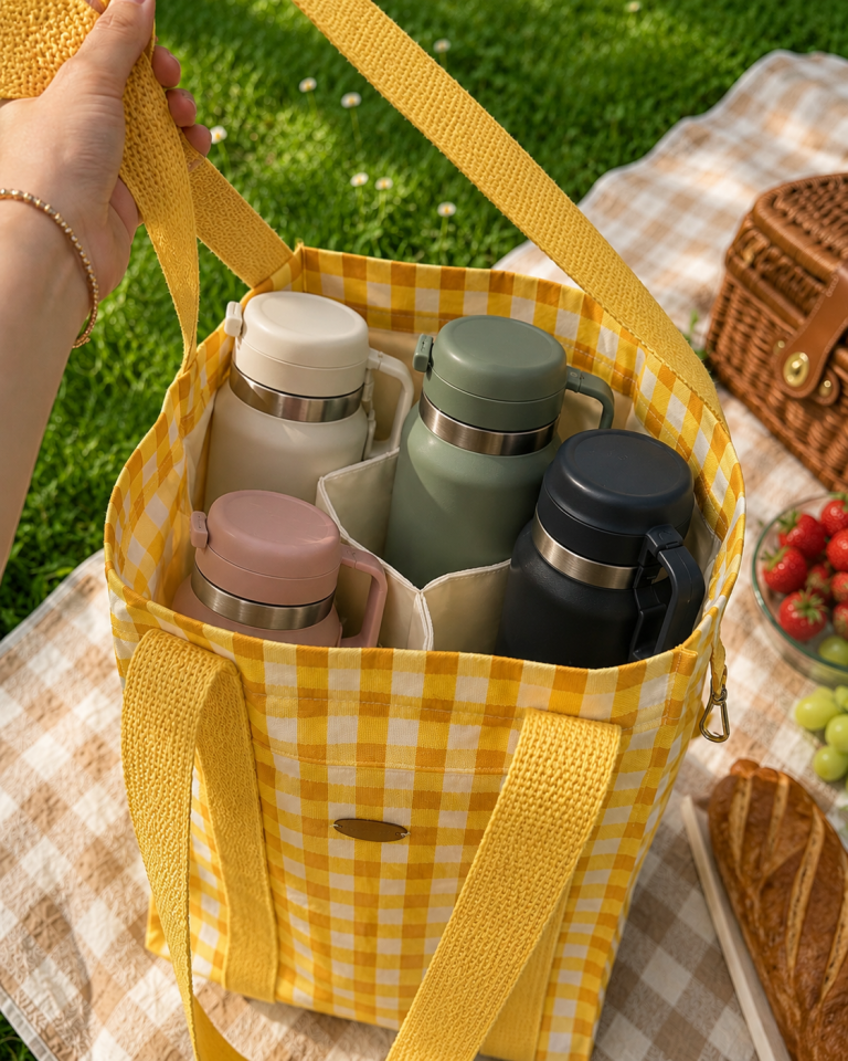 Sarı Ekose Piknik Termos Çantası – 4 Bölmeli El Yapımı Organizer Tote
