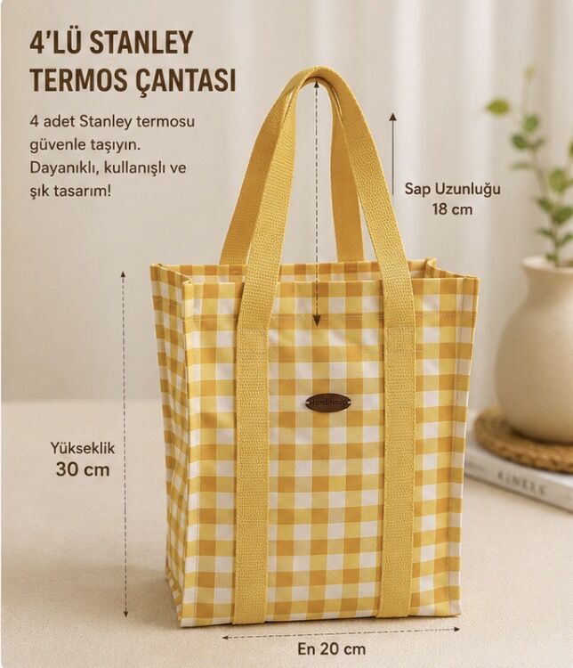 Sarı Ekose Piknik Termos Çantası – 4 Bölmeli El Yapımı Organizer Tote
