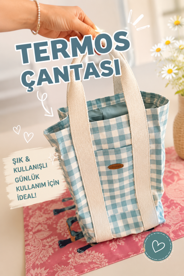 Mint Ekose Piknik Termos Çantası – 4 Bölmeli El Yapımı Organizer Tote(ç