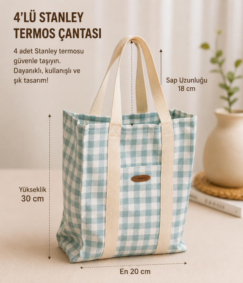 Mint Ekose Piknik Termos Çantası – 4 Bölmeli El Yapımı Organizer Tote(ç