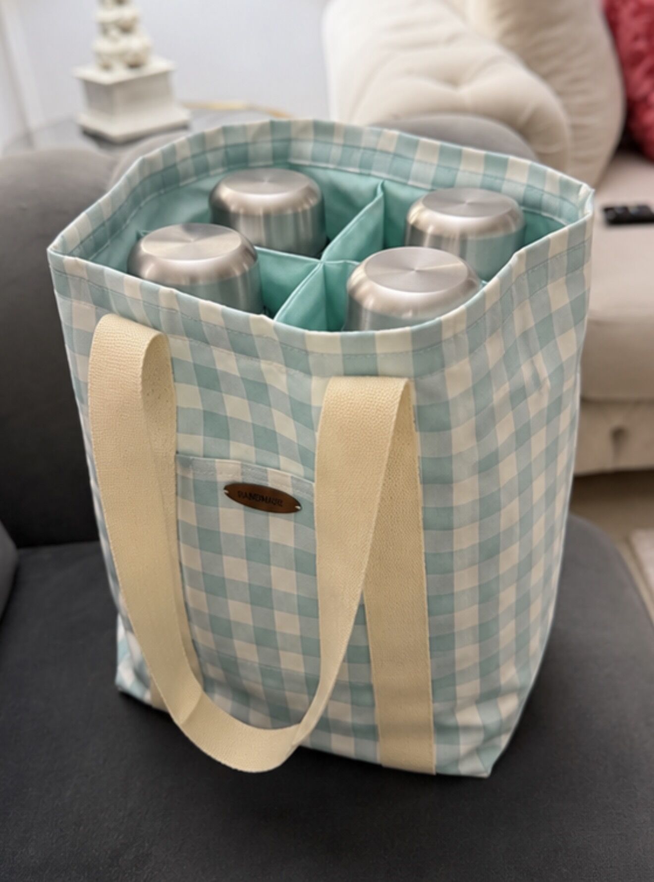 Mint Ekose Piknik Termos Çantası – 4 Bölmeli El Yapımı Organizer Tote(ç