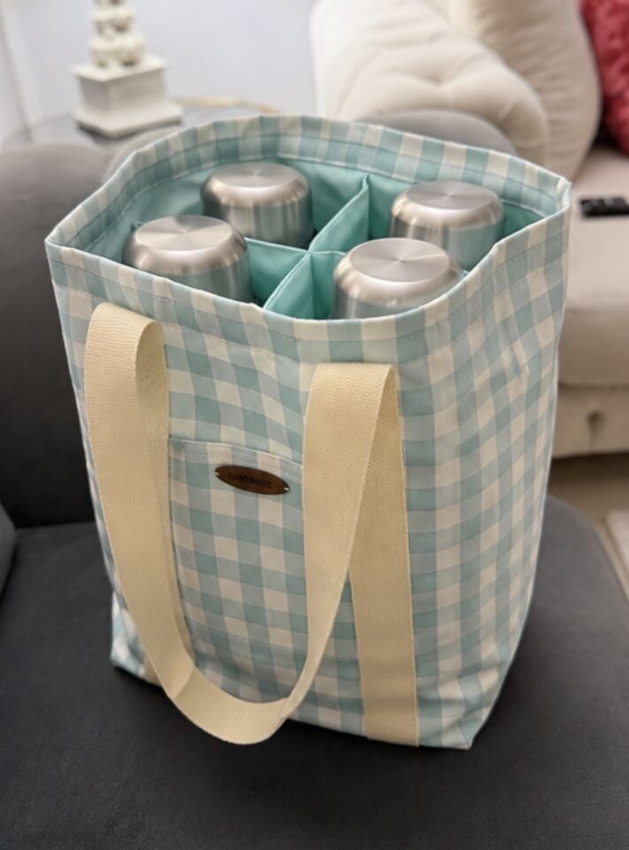 Mint Ekose Piknik Termos Çantası – 4 Bölmeli El Yapımı Organizer Tote(ç