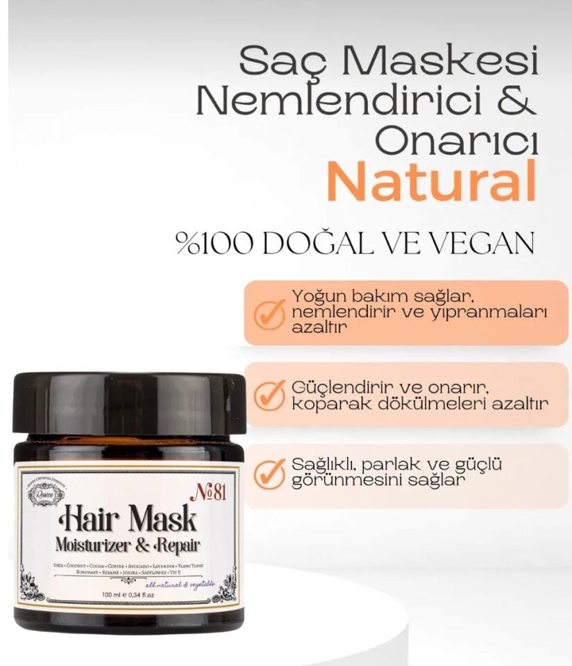 Saç Maskesi/Hair Mask/%100 Doğal Kuru Yıpranmış Boyalı Saçlar/Kırılma Karşıtı Yoğun Bakım