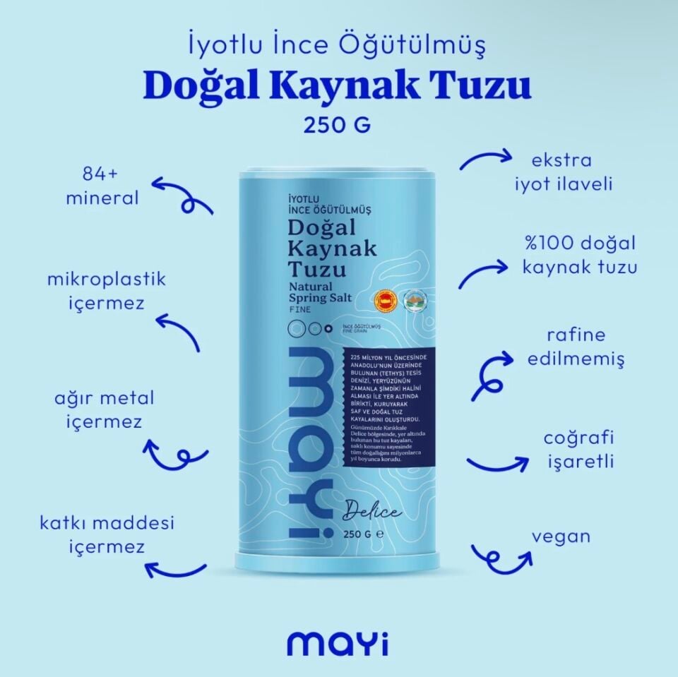 MAYİ ÖĞÜTÜLMÜŞ SOFRA TUZU 250 GR (İYOT İLAVELİ TUZLUKLU)