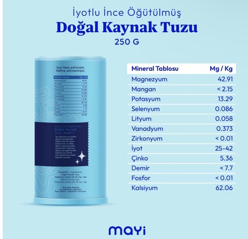 MAYİ ÖĞÜTÜLMÜŞ SOFRA TUZU 250 GR (İYOT İLAVELİ TUZLUKLU)