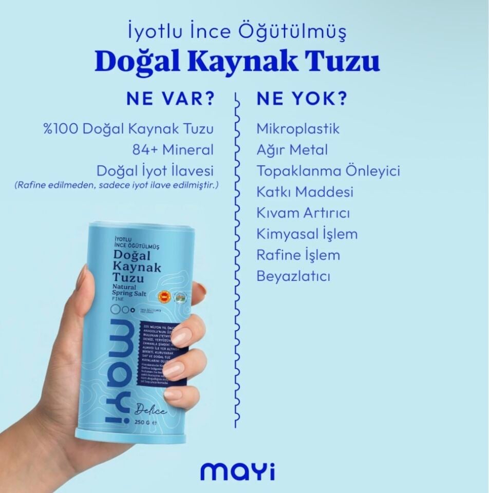 MAYİ ÖĞÜTÜLMÜŞ SOFRA TUZU 250 GR (İYOT İLAVELİ TUZLUKLU)